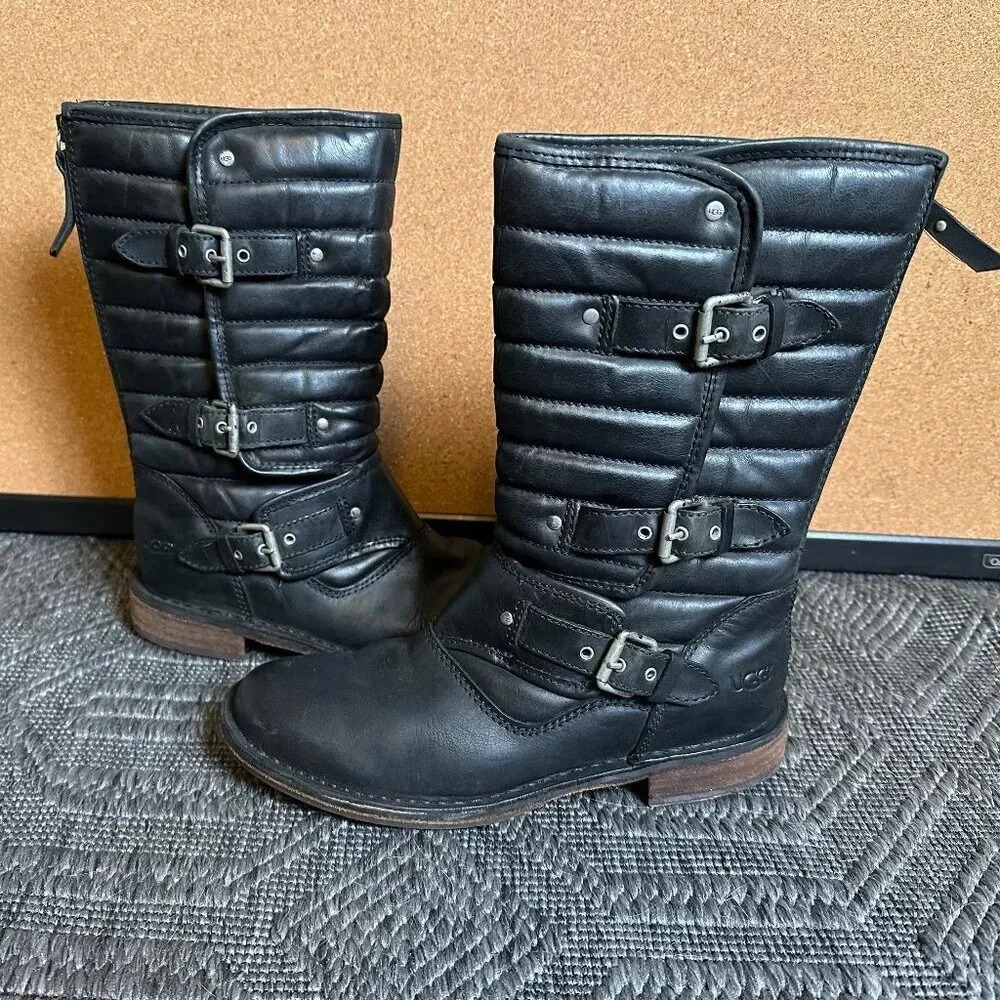 UGG Australia Biker Moto Boots Tatum Black Leather Buckles Size 7